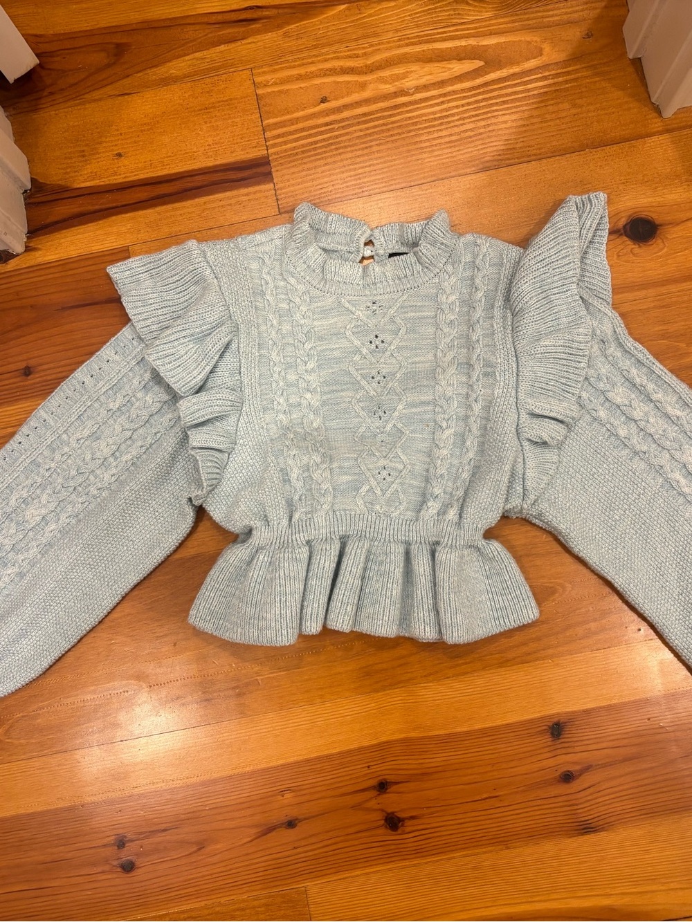 MAJORELLE Pale Blue Ruffled Cable Knit Sweater